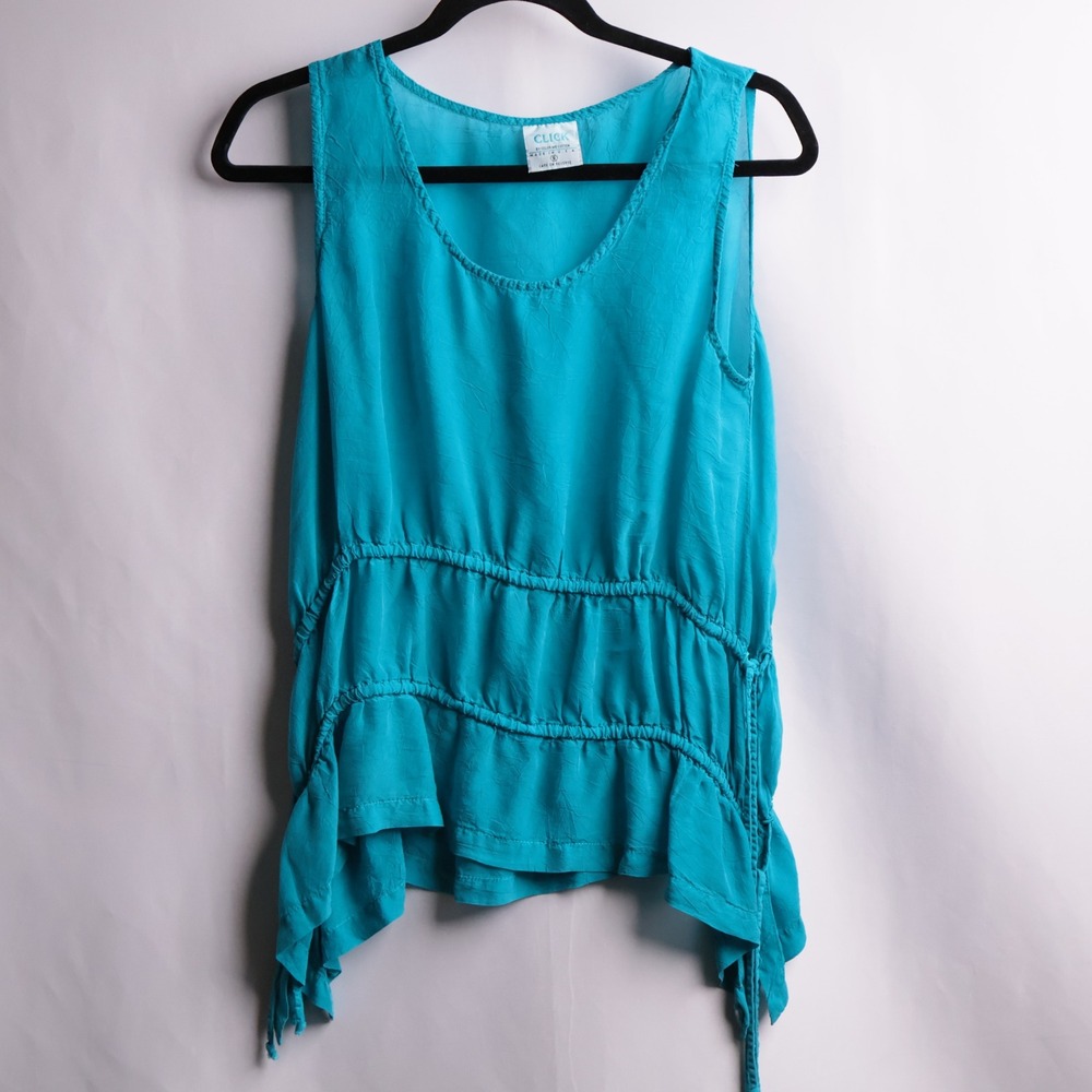 VTG Click Color Me‎ Cotton Turquoise Teal Blue Cupro Ruffle Peplum Tank Top S